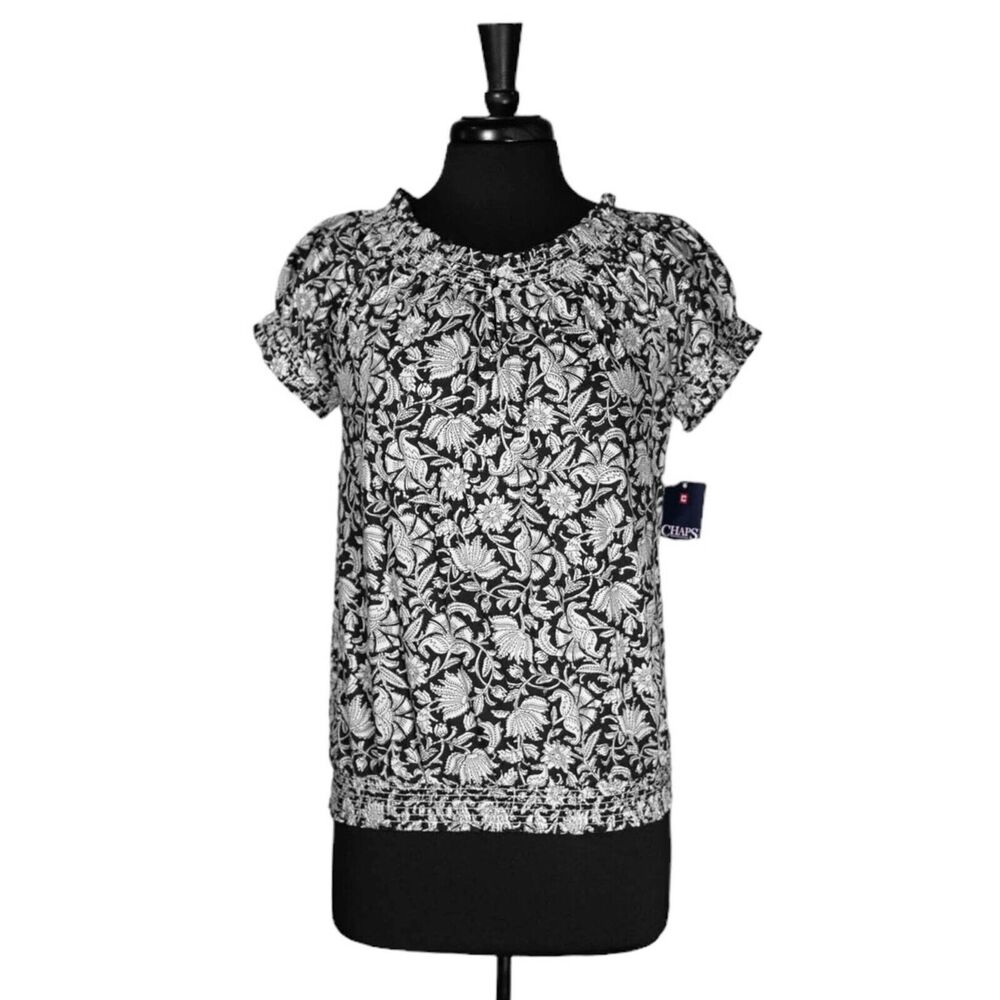Chaps Ralph Lauren Women's Blouse Black White Floral Short Sleeve Ruffle Top PL